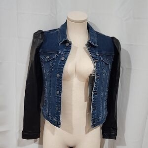 Tractr Denim Jacket with Black Leather Sleeves